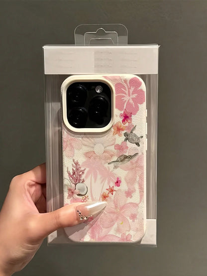 1pc White Minimalist Personalized Pink Flower Ocean Sea Turtle Coconut Orchid Coral Pattern Phone Case Compatible With IPhone 16 Pro Max/17/16/15/14 Plus/13/12/11/Air And Series