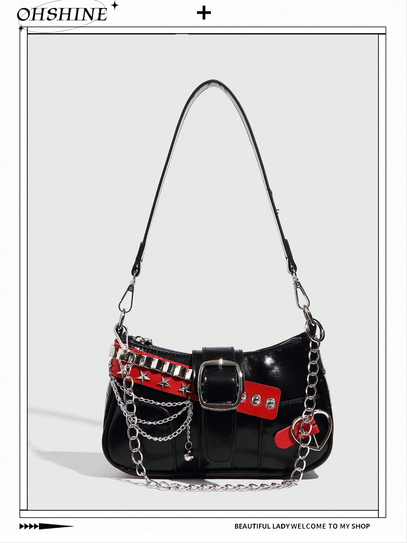 1pc Women PU Leather Hand Bag, Y2K Baddie Bag, Versatile Star Design Crescent Shoulder Bag, Black & Red Contrast Chain Strap Bag, Millenial Crossbody Underarm Chain Starry Bag, Fashionable Street Styl