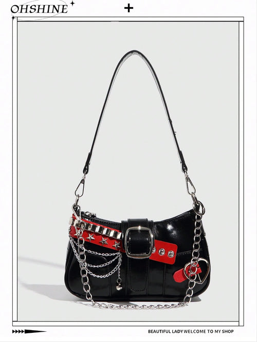 1pc Women PU Leather Hand Bag, Y2K Baddie Bag, Versatile Star Design Crescent Shoulder Bag, Black & Red Contrast Chain Strap Bag, Millenial Crossbody Underarm Chain Starry Bag, Fashionable Street Styl