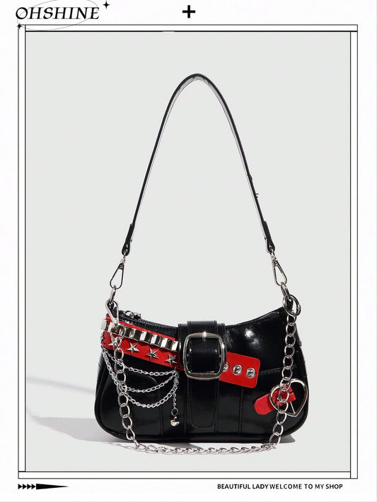 1pc Women PU Leather Hand Bag, Y2K Baddie Bag, Versatile Star Design Crescent Shoulder Bag, Black & Red Contrast Chain Strap Bag, Millenial Crossbody Underarm Chain Starry Bag, Fashionable Street Styl