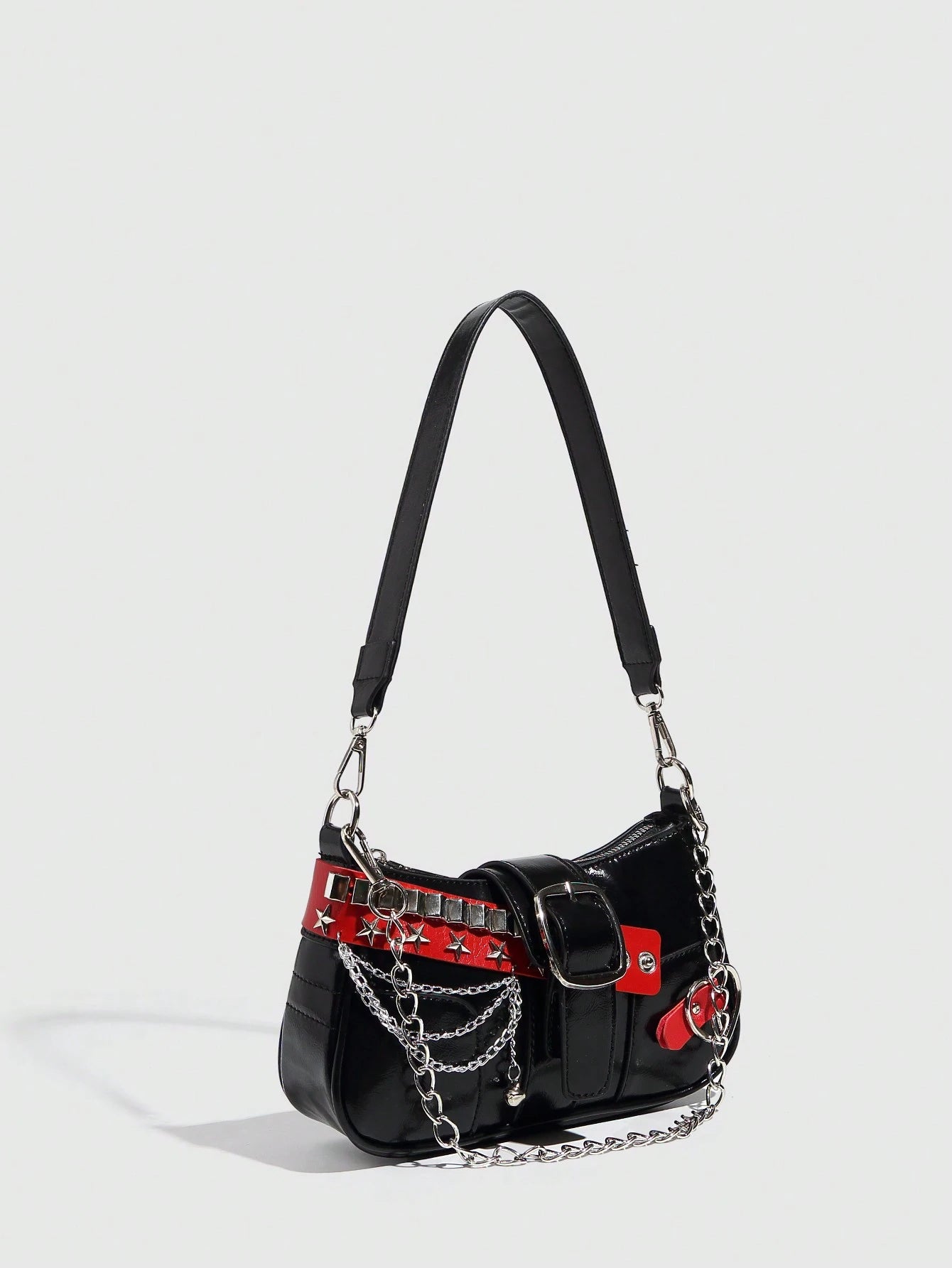 1pc Women PU Leather Hand Bag, Y2K Baddie Bag, Versatile Star Design Crescent Shoulder Bag, Black & Red Contrast Chain Strap Bag, Millenial Crossbody Underarm Chain Starry Bag, Fashionable Street Styl