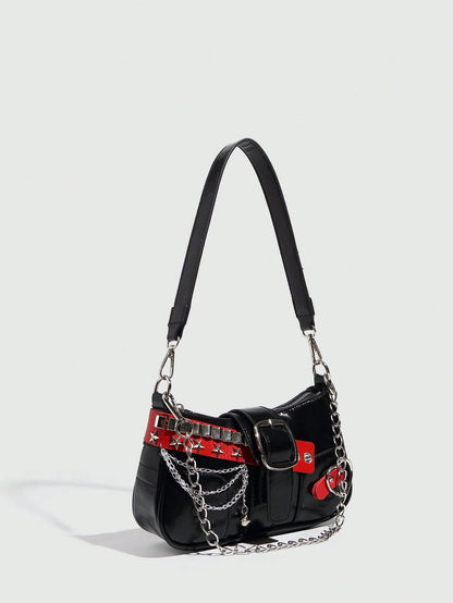 1pc Women PU Leather Hand Bag, Y2K Baddie Bag, Versatile Star Design Crescent Shoulder Bag, Black & Red Contrast Chain Strap Bag, Millenial Crossbody Underarm Chain Starry Bag, Fashionable Street Styl
