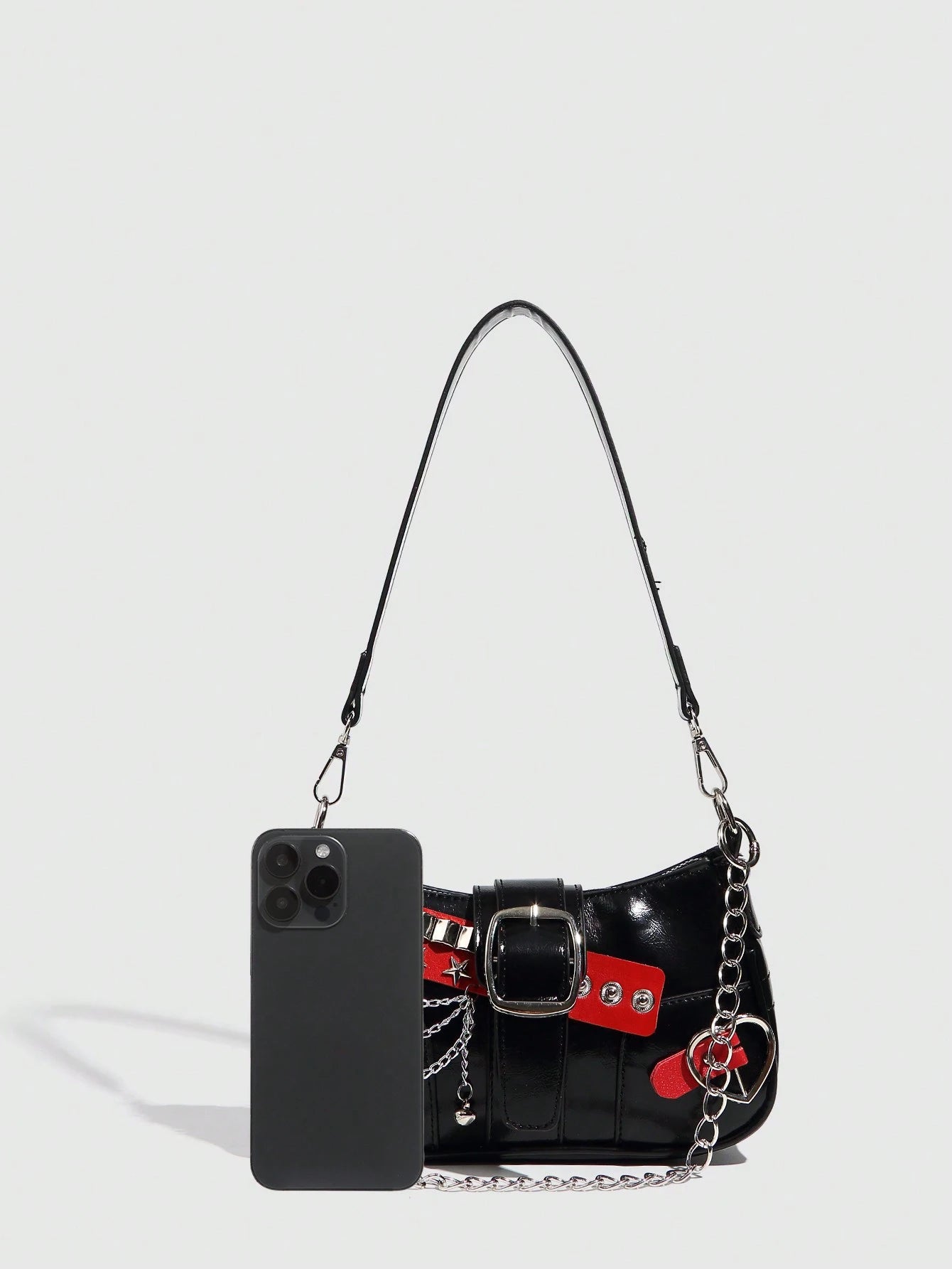 1pc Women PU Leather Hand Bag, Y2K Baddie Bag, Versatile Star Design Crescent Shoulder Bag, Black & Red Contrast Chain Strap Bag, Millenial Crossbody Underarm Chain Starry Bag, Fashionable Street Styl