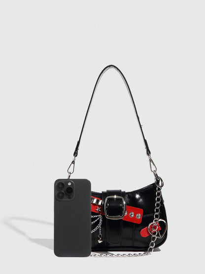1pc Women PU Leather Hand Bag, Y2K Baddie Bag, Versatile Star Design Crescent Shoulder Bag, Black & Red Contrast Chain Strap Bag, Millenial Crossbody Underarm Chain Starry Bag, Fashionable Street Styl