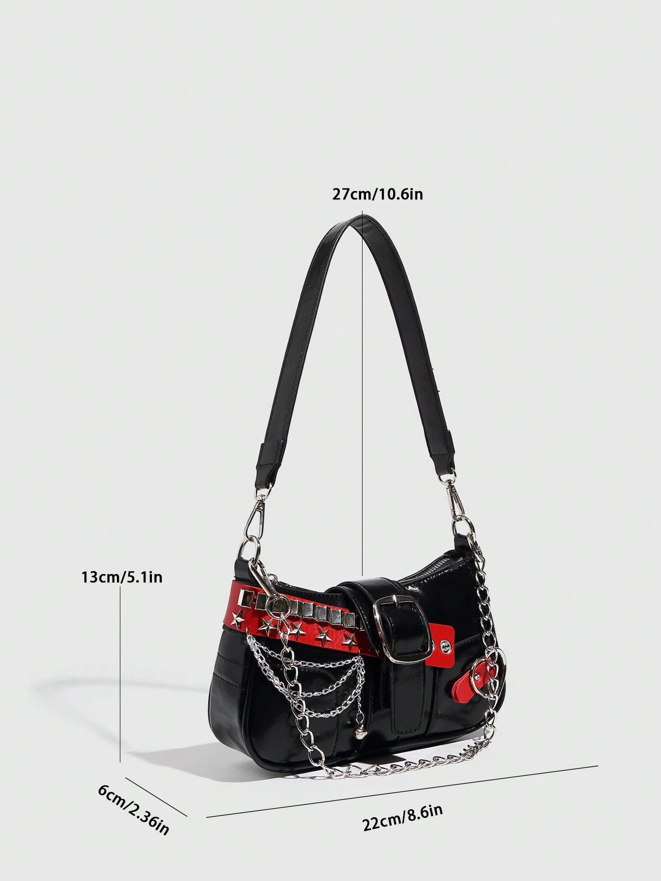 1pc Women PU Leather Hand Bag, Y2K Baddie Bag, Versatile Star Design Crescent Shoulder Bag, Black & Red Contrast Chain Strap Bag, Millenial Crossbody Underarm Chain Starry Bag, Fashionable Street Styl