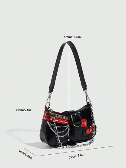 1pc Women PU Leather Hand Bag, Y2K Baddie Bag, Versatile Star Design Crescent Shoulder Bag, Black & Red Contrast Chain Strap Bag, Millenial Crossbody Underarm Chain Starry Bag, Fashionable Street Styl