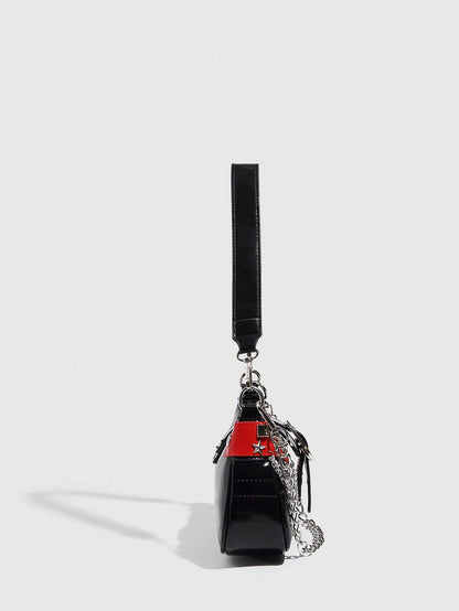 1pc Women PU Leather Hand Bag, Y2K Baddie Bag, Versatile Star Design Crescent Shoulder Bag, Black & Red Contrast Chain Strap Bag, Millenial Crossbody Underarm Chain Starry Bag, Fashionable Street Styl