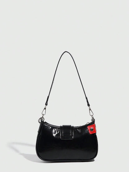 1pc Women PU Leather Hand Bag, Y2K Baddie Bag, Versatile Star Design Crescent Shoulder Bag, Black & Red Contrast Chain Strap Bag, Millenial Crossbody Underarm Chain Starry Bag, Fashionable Street Styl