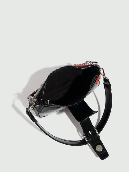 1pc Women PU Leather Hand Bag, Y2K Baddie Bag, Versatile Star Design Crescent Shoulder Bag, Black & Red Contrast Chain Strap Bag, Millenial Crossbody Underarm Chain Starry Bag, Fashionable Street Styl