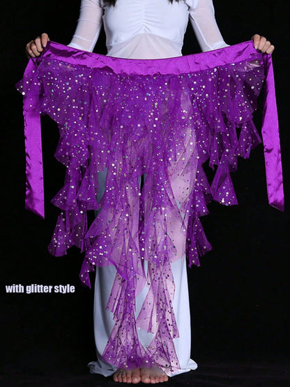 1pc Women's Belly Dance Hip Scarf Skirt With Tassel Hem And Waist Tie, Wavy Hem