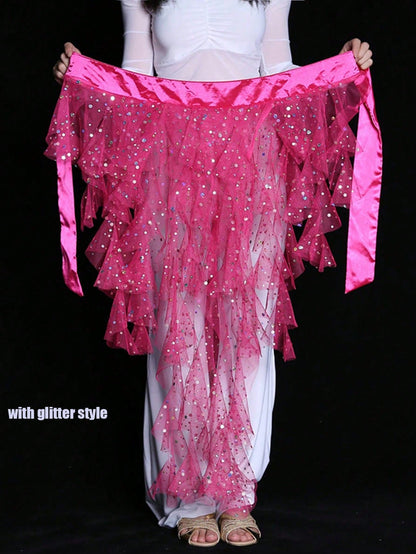 1pc Women's Belly Dance Hip Scarf Skirt With Tassel Hem And Waist Tie, Wavy Hem
