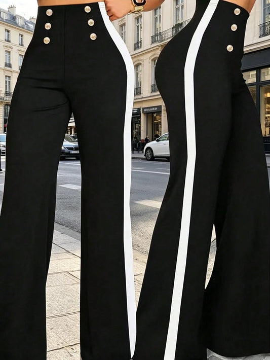 1pc Women's Fashion Versatile Contrast Color Front Zip High Waist Straight Leg Casual Pants, Suitable For Spring And Summer Black