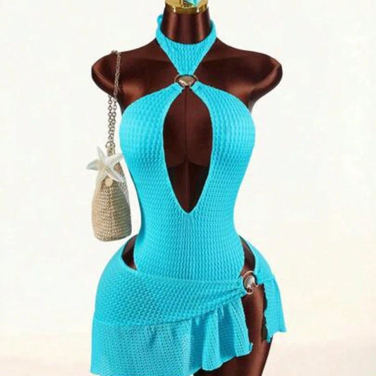 1pc Women's Halter Backless One-Piece Swimwear With Shell Metal Decor & Cover-Up Skirt Beach Vacation Outfits For Women