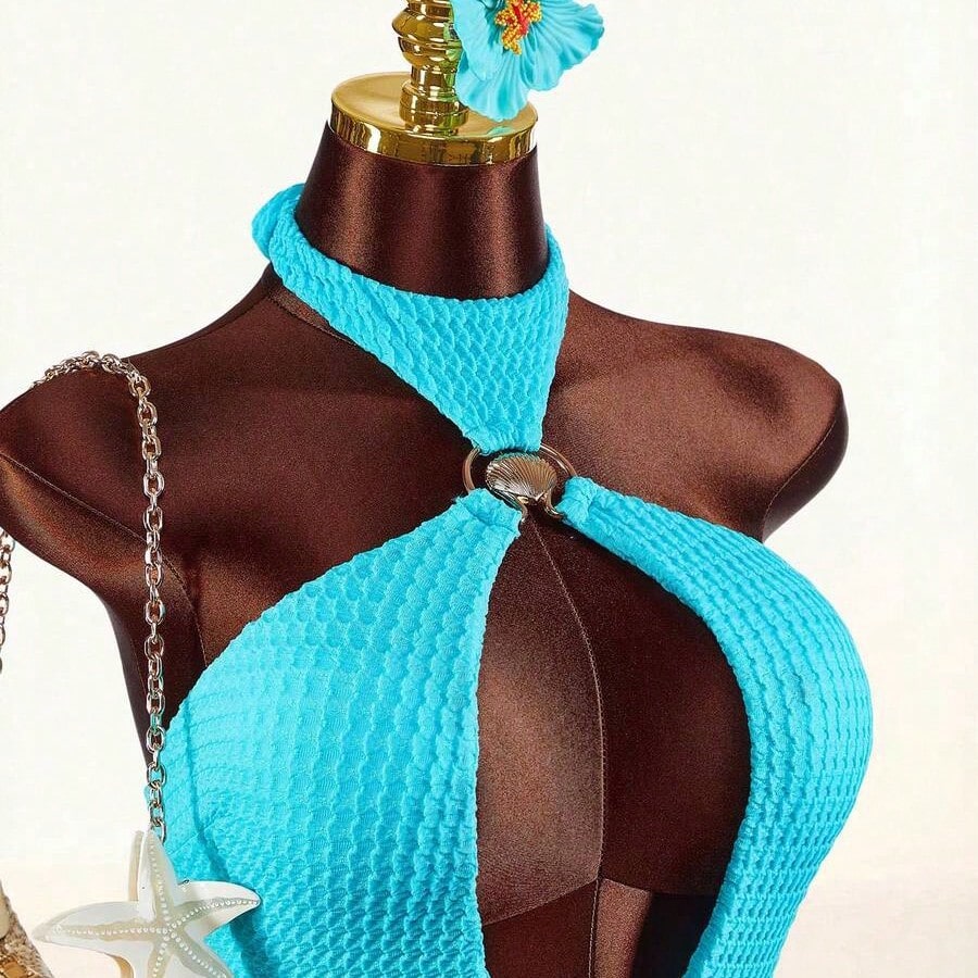 1pc Women's Halter Backless One-Piece Swimwear With Shell Metal Decor & Cover-Up Skirt Beach Vacation Outfits For Women