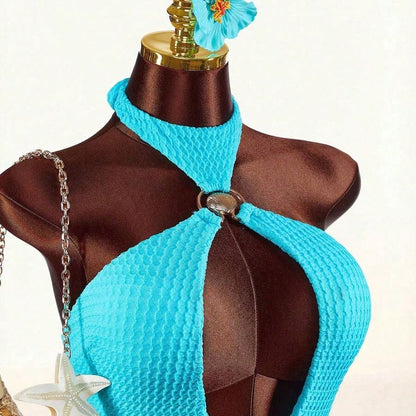 1pc Women's Halter Backless One-Piece Swimwear With Shell Metal Decor & Cover-Up Skirt Beach Vacation Outfits For Women