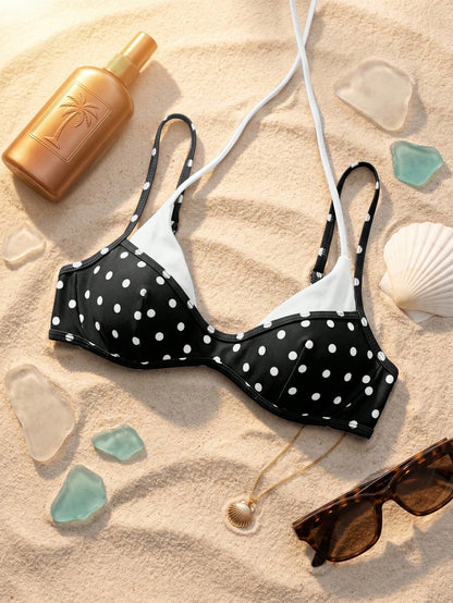 1pc Women's Polka Dot Bikini Top, Elegant Bohemian Style Beachwear, European Summer Beach Vacation