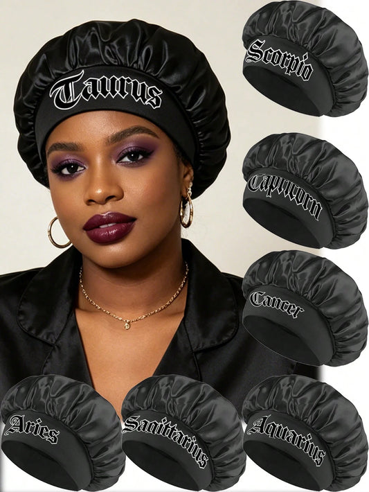 1pc Women's Rose Red Satin Sleep Cap, 12 Zodiac Sign Print Oversized Night Cap, Loose Elastic Band, Lightweight Silky Hair Protection Cap