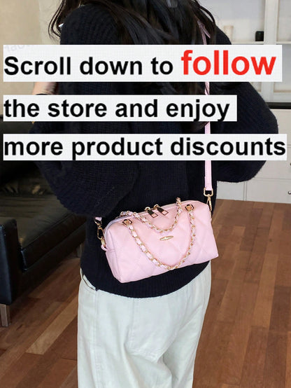 1pc Women's Solid Color PU Leather Handbag, Fashion Chain Quilted Diamond Pattern Boston Bag, Suitable For Commuting, Shopping, Gift Giving