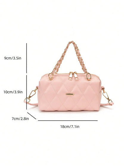 1pc Women's Solid Color PU Leather Handbag, Fashion Chain Quilted Diamond Pattern Boston Bag, Suitable For Commuting, Shopping, Gift Giving