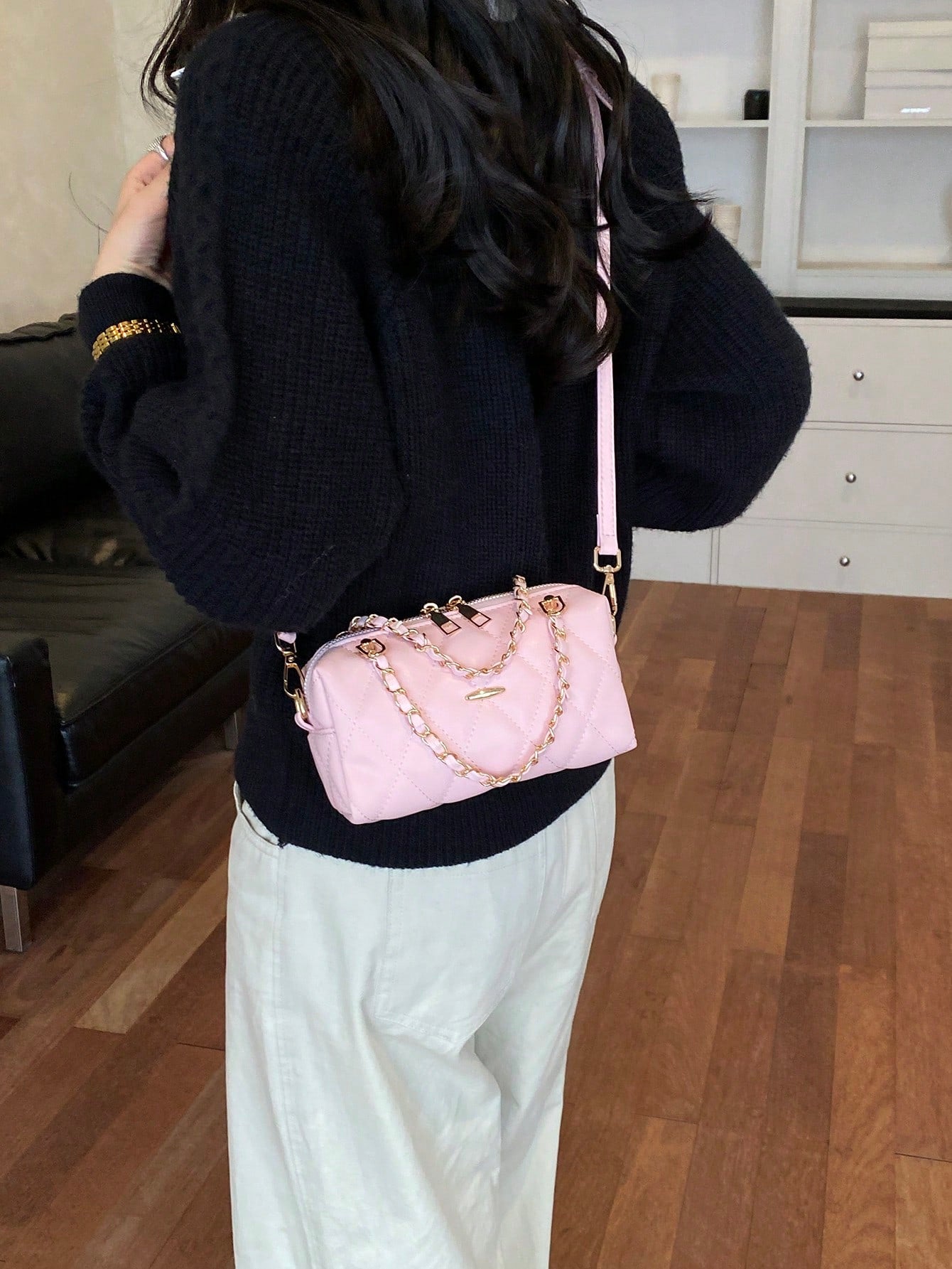 1pc Women's Solid Color PU Leather Handbag, Fashion Chain Quilted Diamond Pattern Boston Bag, Suitable For Commuting, Shopping, Gift Giving