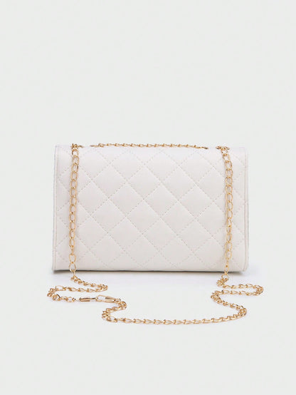 1pc Women White Diamond Grid Chain Strap Crossbody Bag, Fashionable Light-Weight Quilted Flap Shoulder Bag