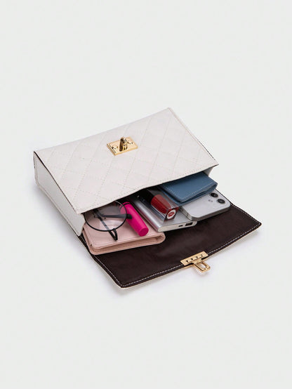 1pc Women White Diamond Grid Chain Strap Crossbody Bag, Fashionable Light-Weight Quilted Flap Shoulder Bag