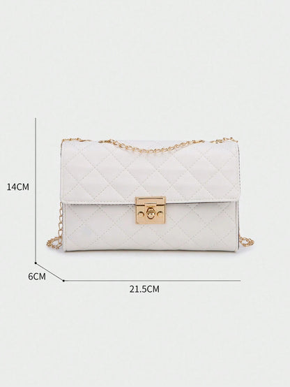 1pc Women White Diamond Grid Chain Strap Crossbody Bag, Fashionable Light-Weight Quilted Flap Shoulder Bag
