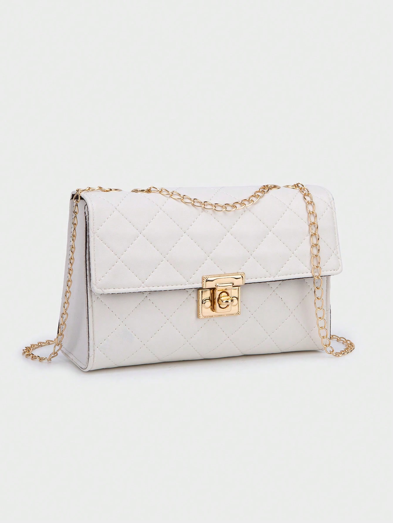 1pc Women White Diamond Grid Chain Strap Crossbody Bag, Fashionable Light-Weight Quilted Flap Shoulder Bag