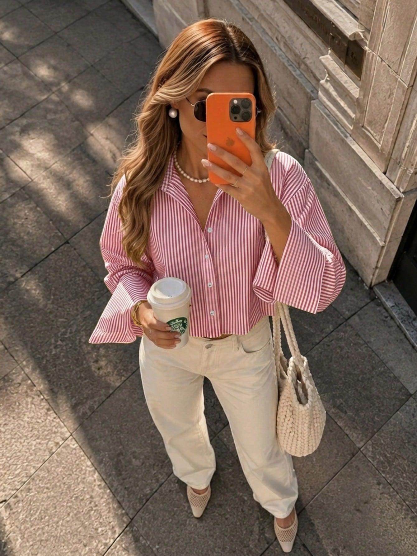 1pc Woven Fabric Casual Minimalist Versatile Button-Down Vertical Striped Lapel Collar Shirt For Women, Spring/Autumn Design, 3/4 Sleeve Blouse Red