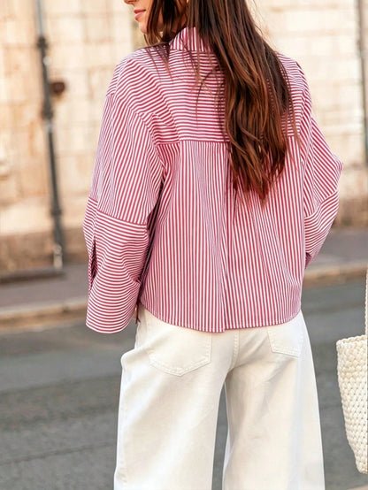 1pc Woven Fabric Casual Minimalist Versatile Button-Down Vertical Striped Lapel Collar Shirt For Women, Spring/Autumn Design, 3/4 Sleeve Blouse Red