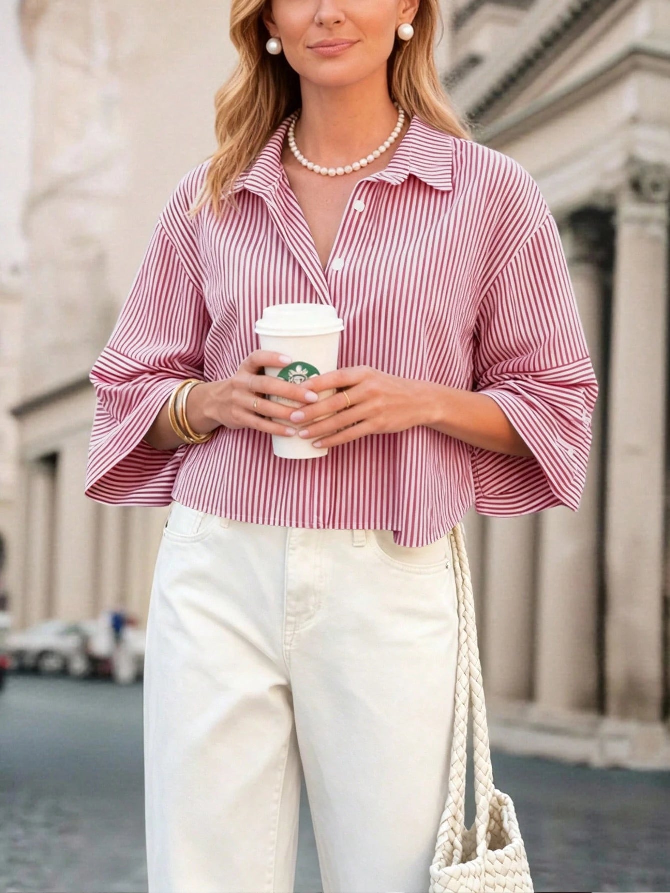 1pc Woven Fabric Casual Minimalist Versatile Button-Down Vertical Striped Lapel Collar Shirt For Women, Spring/Autumn Design, 3/4 Sleeve Blouse Red