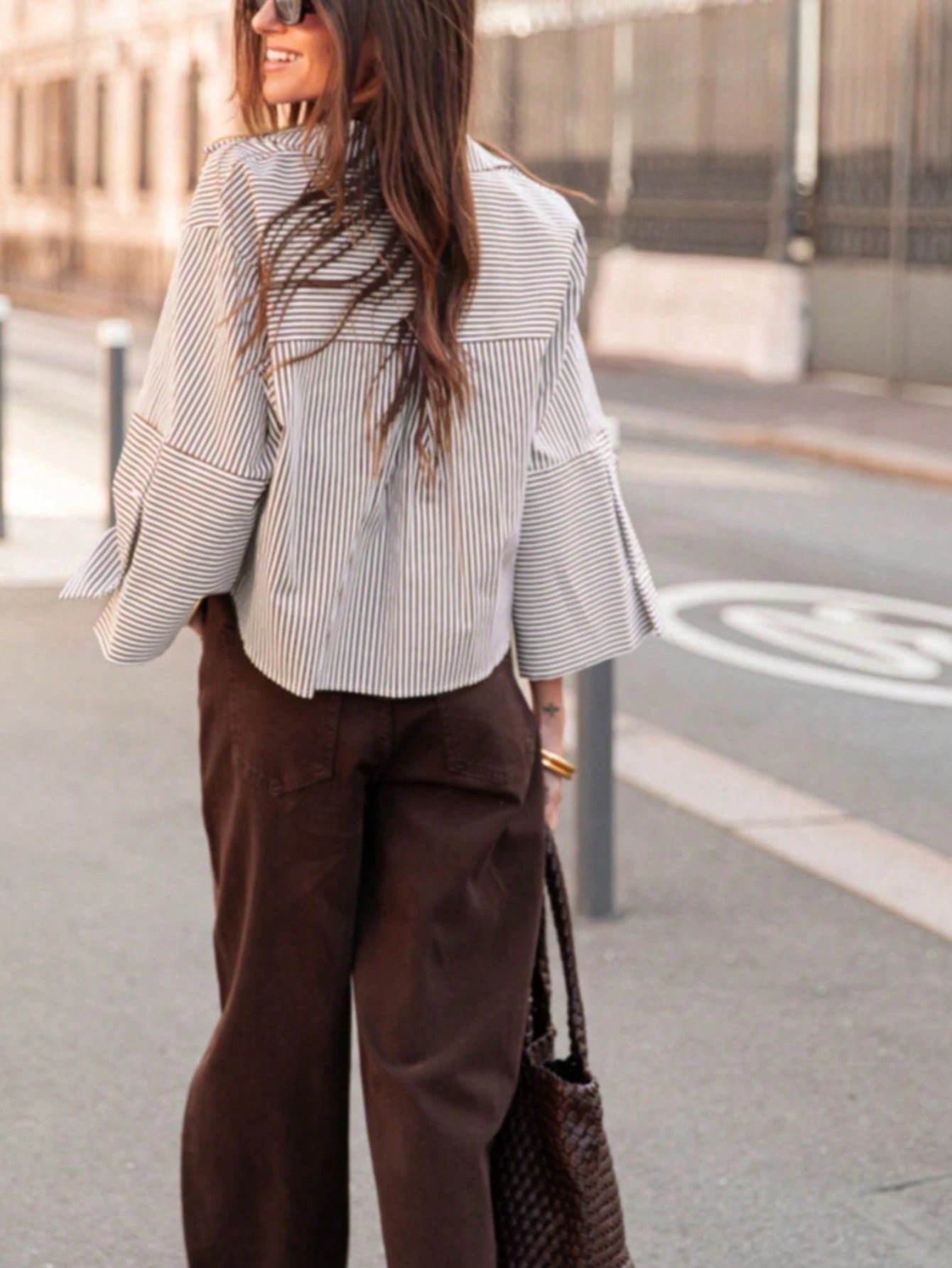 1pc Woven Fabric Casual Minimalist Versatile Button-Down Vertical Striped Lapel Collar Shirt For Women, Spring/Autumn Design, 3/4 Sleeve Blouse Red