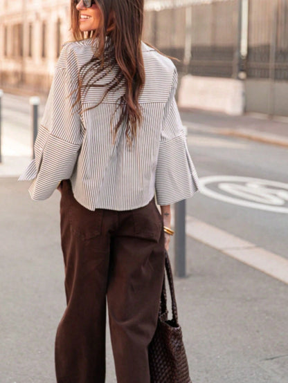 1pc Woven Fabric Casual Minimalist Versatile Button-Down Vertical Striped Lapel Collar Shirt For Women, Spring/Autumn Design, 3/4 Sleeve Blouse Red