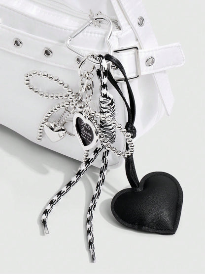 1pc Y2K Luxury Gothic Style Handmade Beaded Silver CCB Bow, Drip Oil Leather Heart Braided Rope Key Chain, Bag Pendant, Suitable For Women/Ladies Daily Wear, Holiday Gift Bridesmaid Gifts Bows