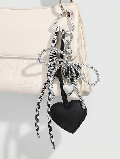 1pc Y2K Luxury Gothic Style Handmade Beaded Silver CCB Bow, Drip Oil Leather Heart Braided Rope Key Chain, Bag Pendant, Suitable For Women/Ladies Daily Wear, Holiday Gift Bridesmaid Gifts Bows