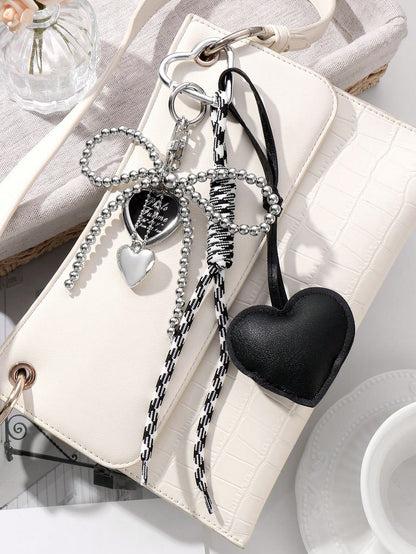 1pc Y2K Luxury Gothic Style Handmade Beaded Silver CCB Bow, Drip Oil Leather Heart Braided Rope Key Chain, Bag Pendant, Suitable For Women/Ladies Daily Wear, Holiday Gift Bridesmaid Gifts Bows