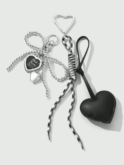 1pc Y2K Luxury Gothic Style Handmade Beaded Silver CCB Bow, Drip Oil Leather Heart Braided Rope Key Chain, Bag Pendant, Suitable For Women/Ladies Daily Wear, Holiday Gift Bridesmaid Gifts Bows
