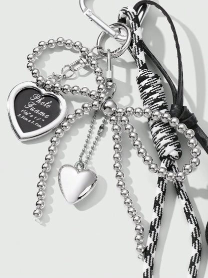 1pc Y2K Luxury Gothic Style Handmade Beaded Silver CCB Bow, Drip Oil Leather Heart Braided Rope Key Chain, Bag Pendant, Suitable For Women/Ladies Daily Wear, Holiday Gift Bridesmaid Gifts Bows