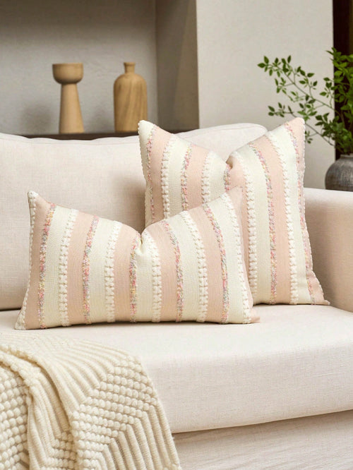 1PS/2PS Pillow Case Without Pillow Insert, Lotus Root Powder Color Striped Pattern, Healing Style, Natural Wood & Creamy Tone (Light French Country + Wabi-Sabi Soft Style), Chenille + Linen Woven Deco