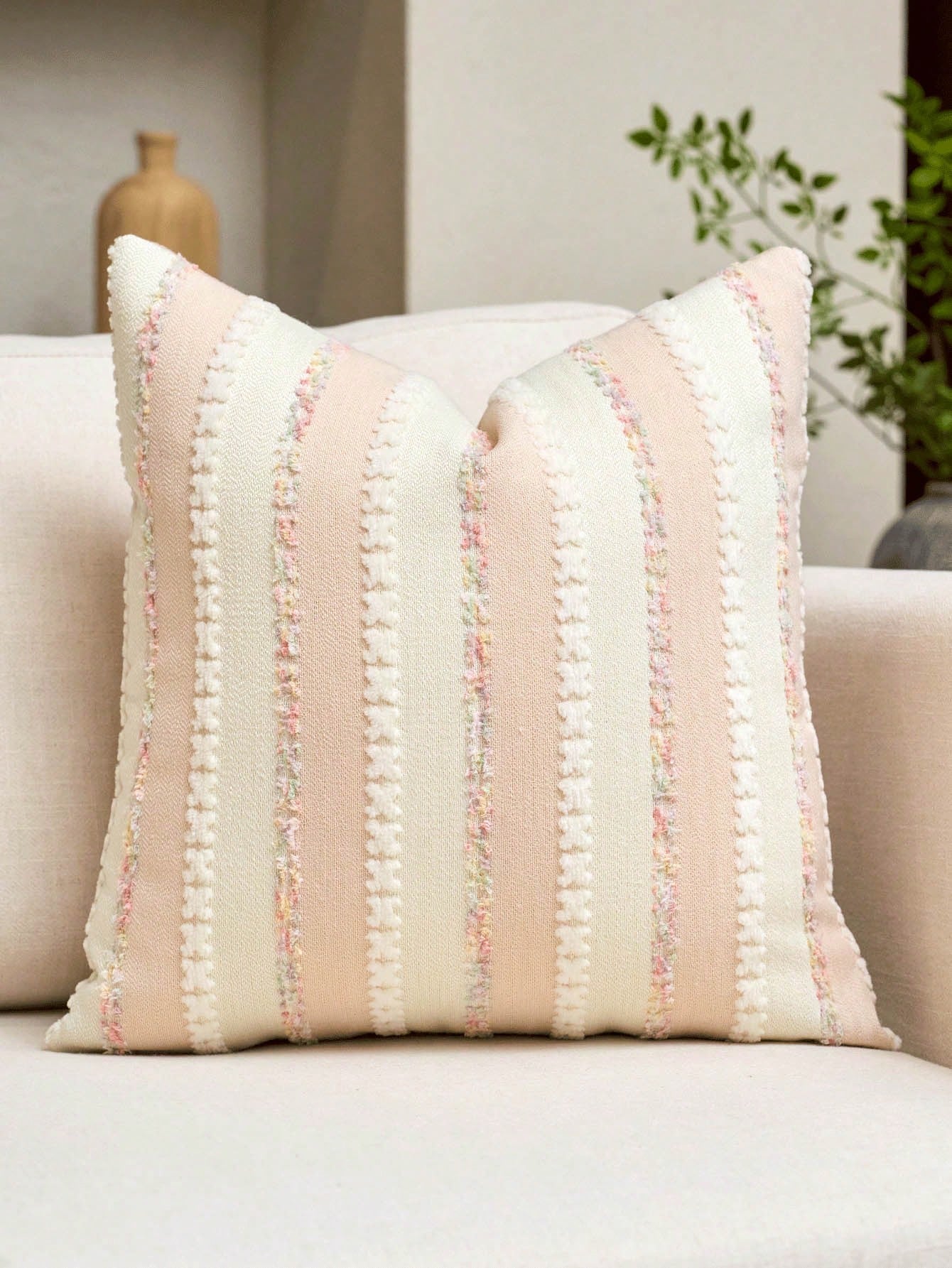 1PS/2PS Pillow Case Without Pillow Insert, Lotus Root Powder Color Striped Pattern, Healing Style, Natural Wood & Creamy Tone (Light French Country + Wabi-Sabi Soft Style), Chenille + Linen Woven Deco