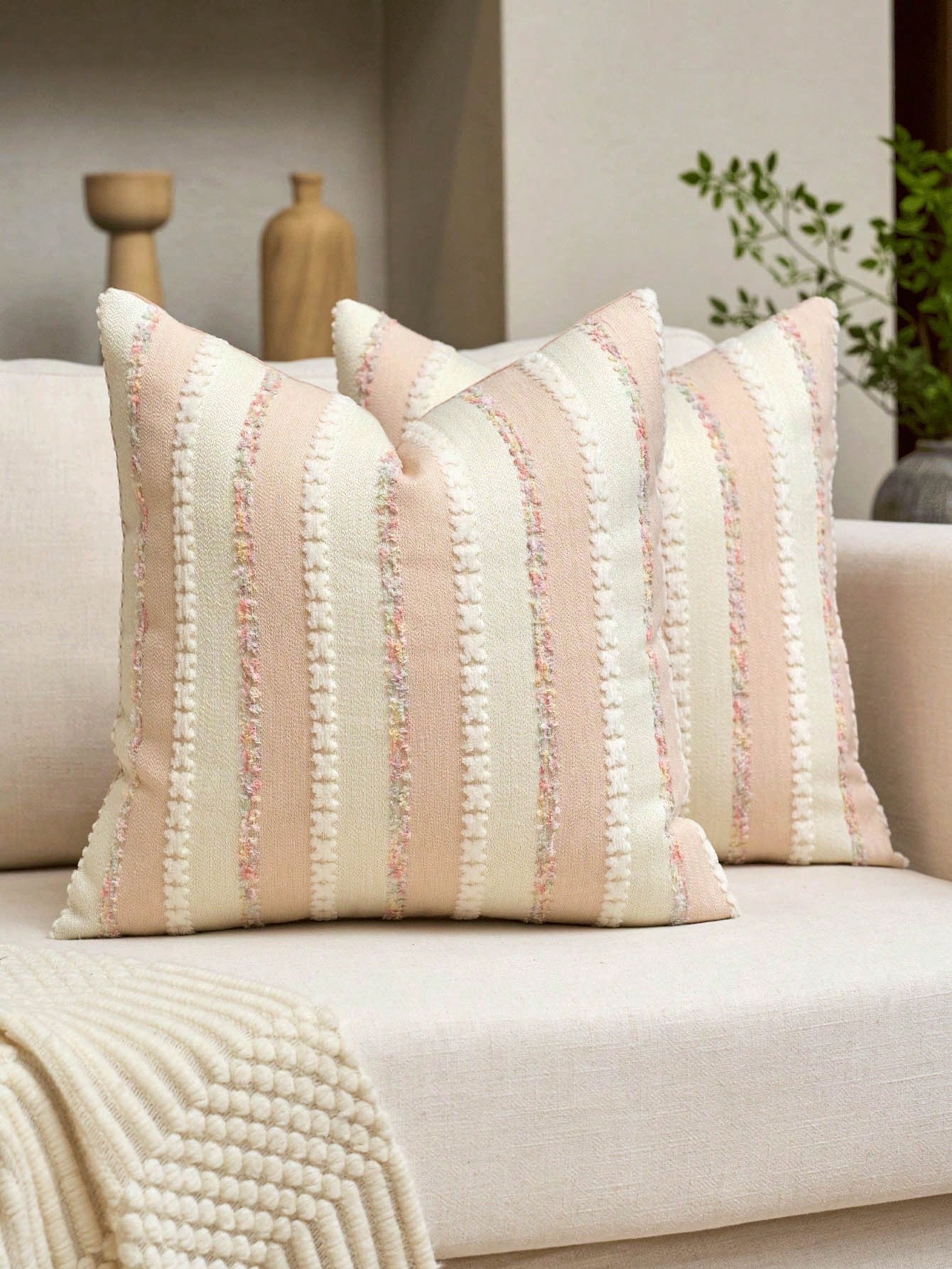 1PS/2PS Pillow Case Without Pillow Insert, Lotus Root Powder Color Striped Pattern, Healing Style, Natural Wood & Creamy Tone (Light French Country + Wabi-Sabi Soft Style), Chenille + Linen Woven Deco