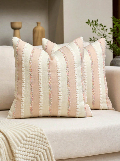 1PS/2PS Pillow Case Without Pillow Insert, Lotus Root Powder Color Striped Pattern, Healing Style, Natural Wood & Creamy Tone (Light French Country + Wabi-Sabi Soft Style), Chenille + Linen Woven Deco