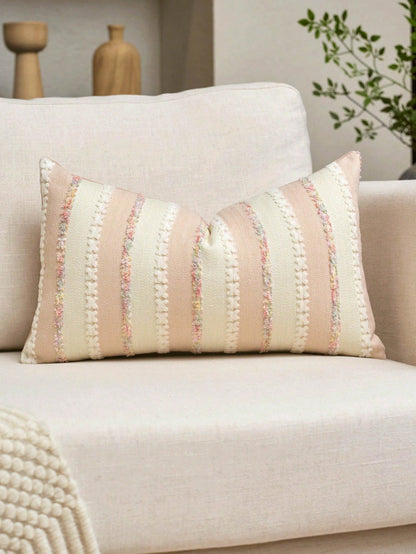 1PS/2PS Pillow Case Without Pillow Insert, Lotus Root Powder Color Striped Pattern, Healing Style, Natural Wood & Creamy Tone (Light French Country + Wabi-Sabi Soft Style), Chenille + Linen Woven Deco
