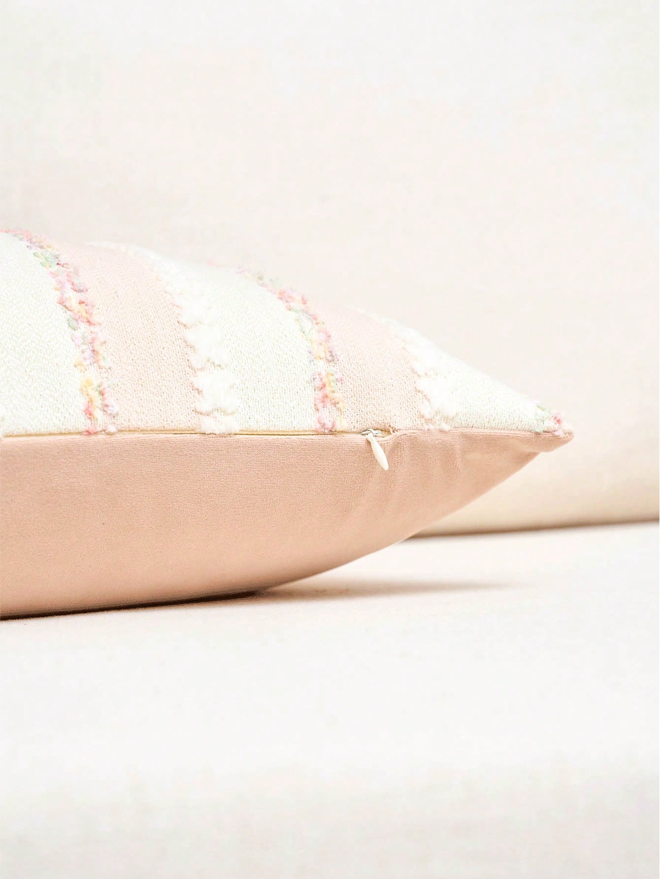 1PS/2PS Pillow Case Without Pillow Insert, Lotus Root Powder Color Striped Pattern, Healing Style, Natural Wood & Creamy Tone (Light French Country + Wabi-Sabi Soft Style), Chenille + Linen Woven Deco