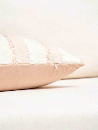 1PS/2PS Pillow Case Without Pillow Insert, Lotus Root Powder Color Striped Pattern, Healing Style, Natural Wood & Creamy Tone (Light French Country + Wabi-Sabi Soft Style), Chenille + Linen Woven Deco