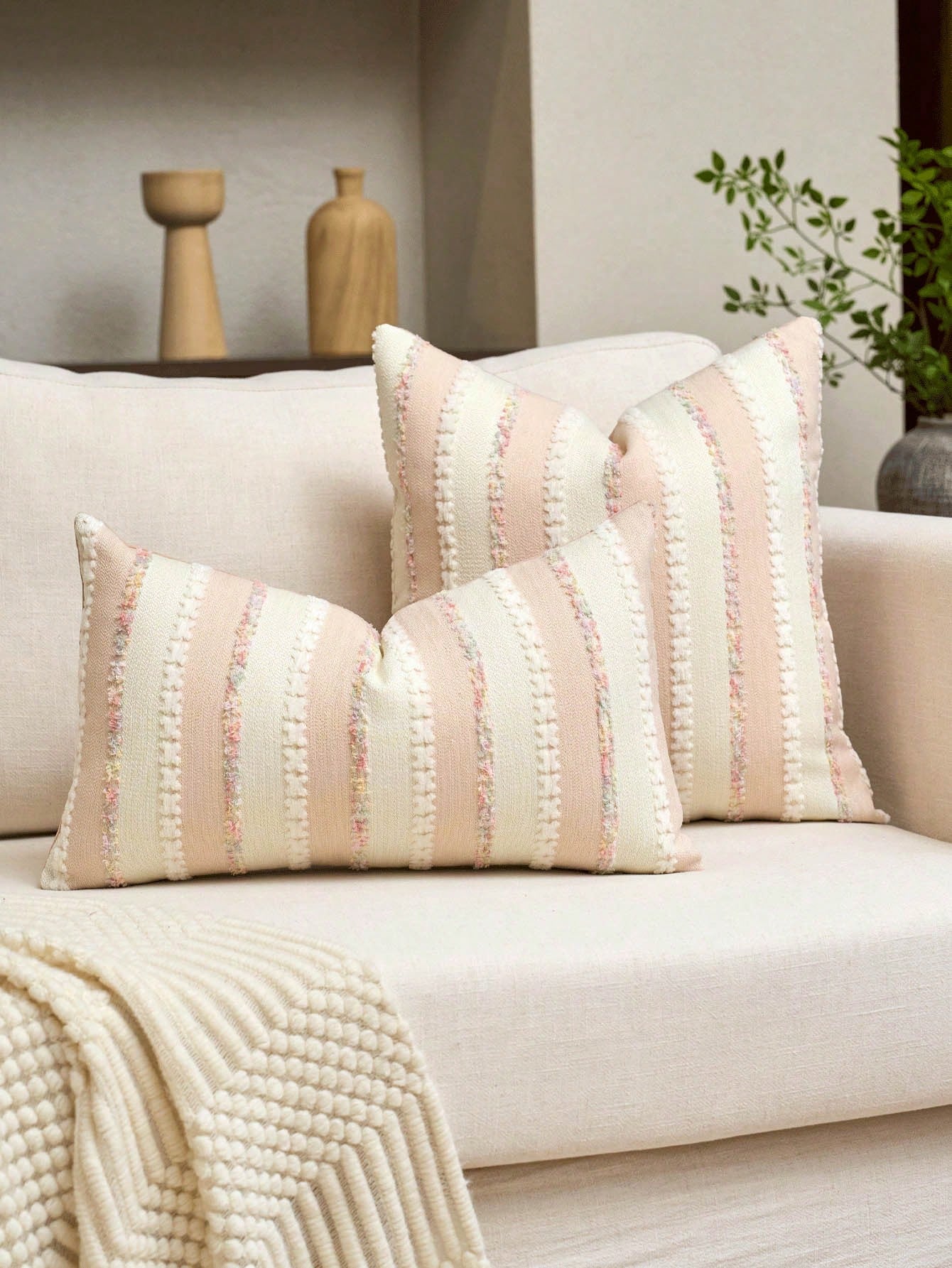 1PS/2PS Pillow Case Without Pillow Insert, Lotus Root Powder Color Striped Pattern, Healing Style, Natural Wood & Creamy Tone (Light French Country + Wabi-Sabi Soft Style), Chenille + Linen Woven Deco