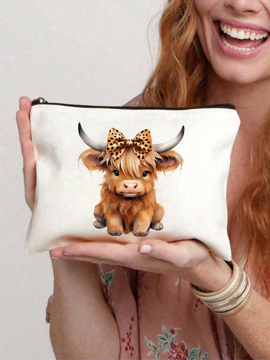 2/1pc Charming Highland Cow Theme Makeup Bag- Lightweight Odorless Polyester Toiletry Bag, Suitable For Nature Lovers And Women, Cartoon Fun Multi-Functional Canvas Bag, Essential Makeup Bag: Girls M