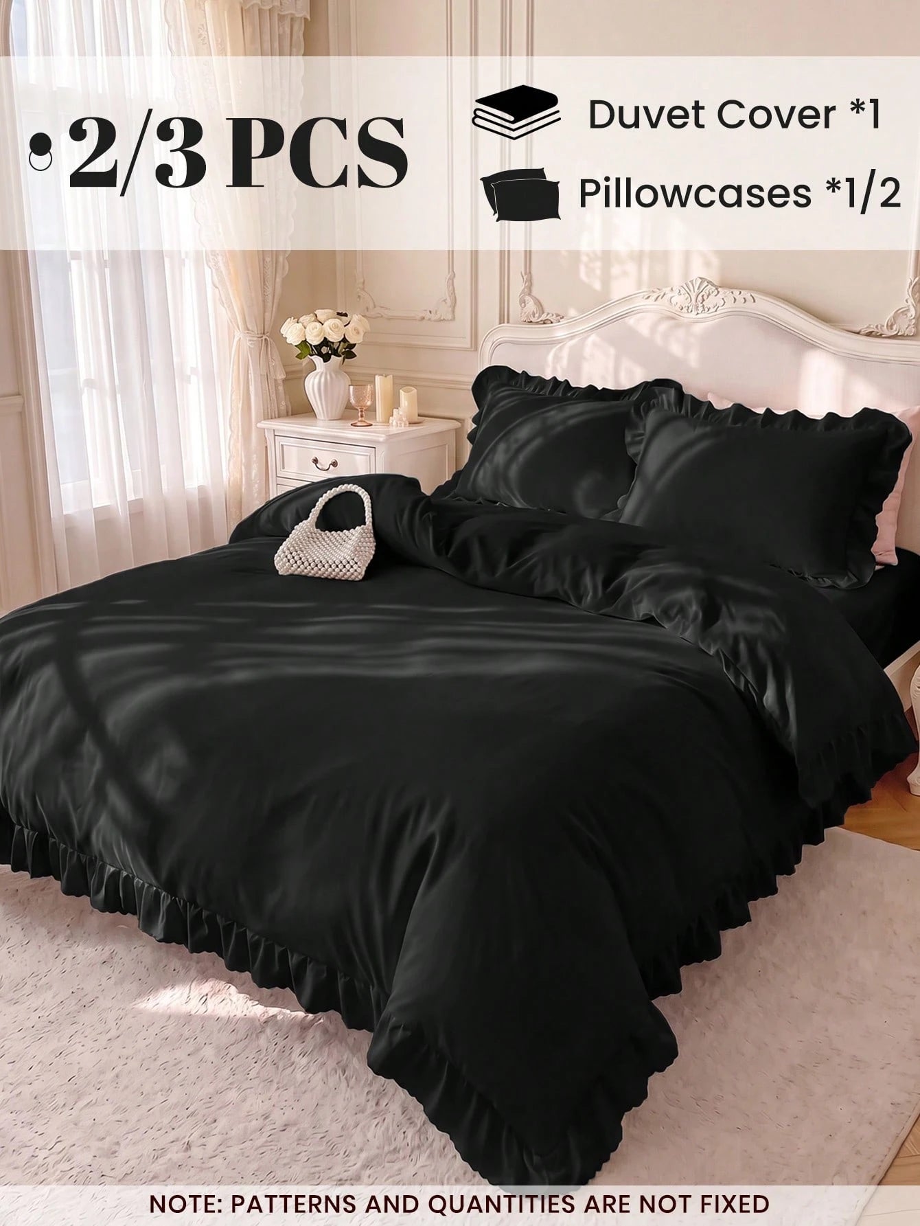 2/3pcs Ruffle Duvet Cover Set, Dorm Bedding, Black Bedding Set, Cozy Room Decor, Skin-Friendly Breathable, Ultra Soft Anti-Pilling, No Duvet Insert, Suitable For Twin/Full/Queen/King Size Bed, All Sea