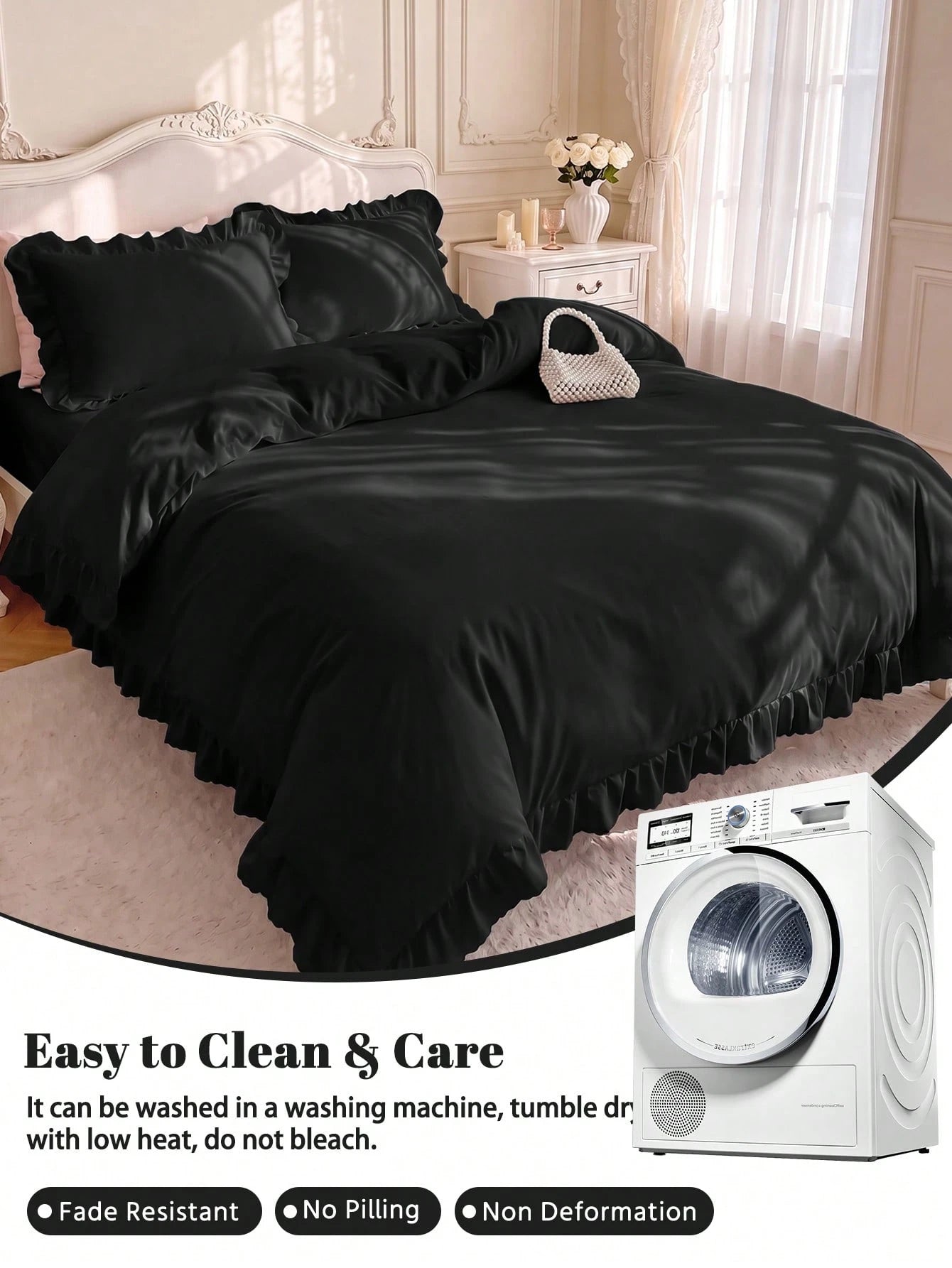 2/3pcs Ruffle Duvet Cover Set, Dorm Bedding, Black Bedding Set, Cozy Room Decor, Skin-Friendly Breathable, Ultra Soft Anti-Pilling, No Duvet Insert, Suitable For Twin/Full/Queen/King Size Bed, All Sea