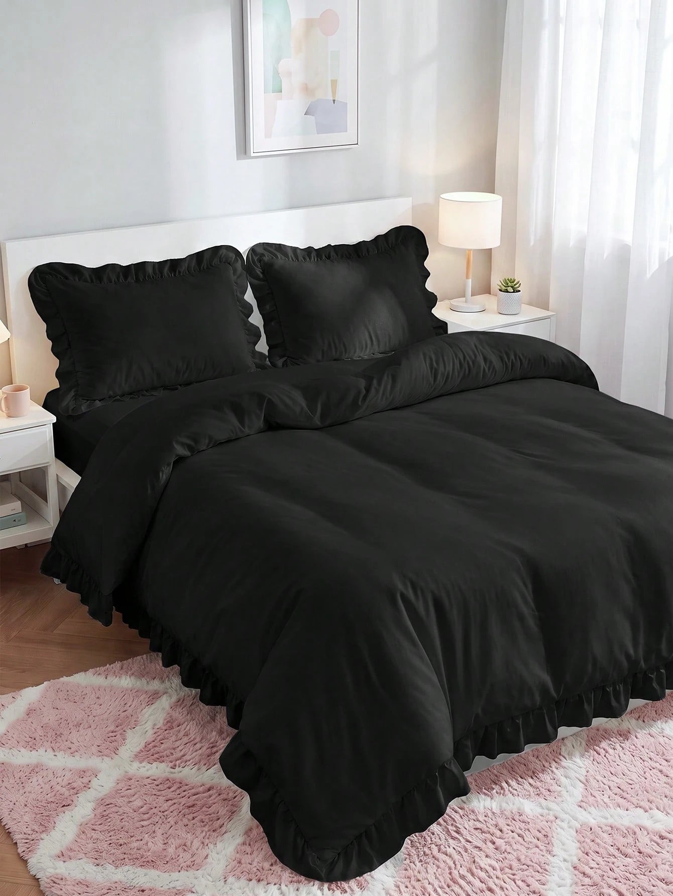 2/3pcs Ruffle Duvet Cover Set, Dorm Bedding, Black Bedding Set, Cozy Room Decor, Skin-Friendly Breathable, Ultra Soft Anti-Pilling, No Duvet Insert, Suitable For Twin/Full/Queen/King Size Bed, All Sea
